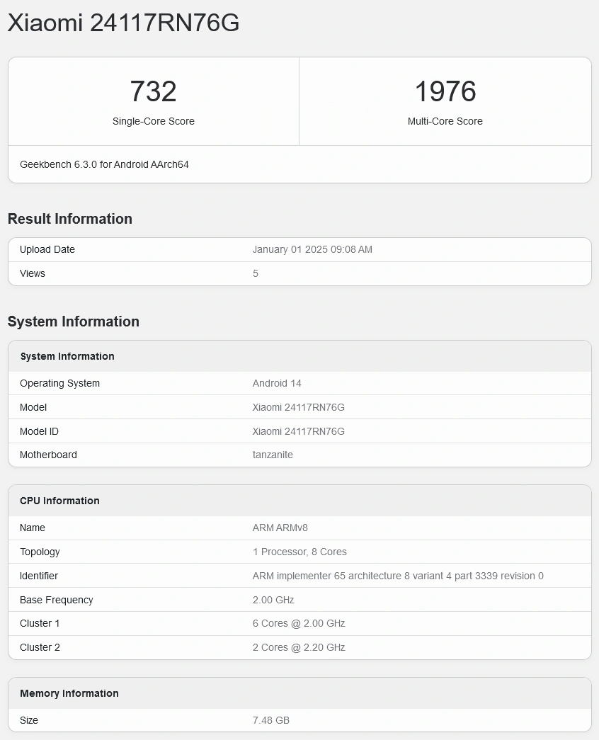 Resultado Geekbench Redmi Note 14 4G