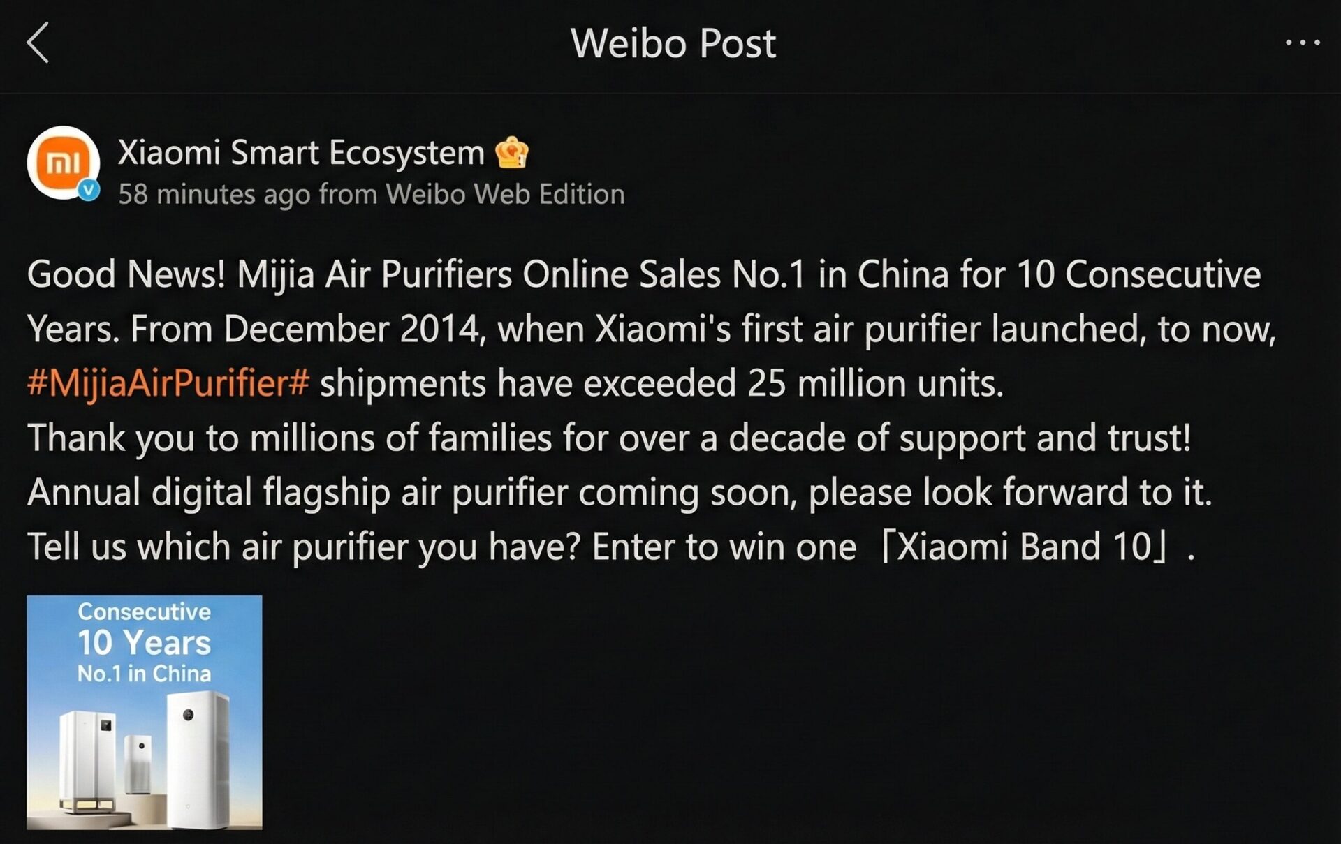 10 anos em primeiro lugar: Xiaomi Air Purifier passa de 25 milhões de remessas 4 No 1 Air Conditioner 1